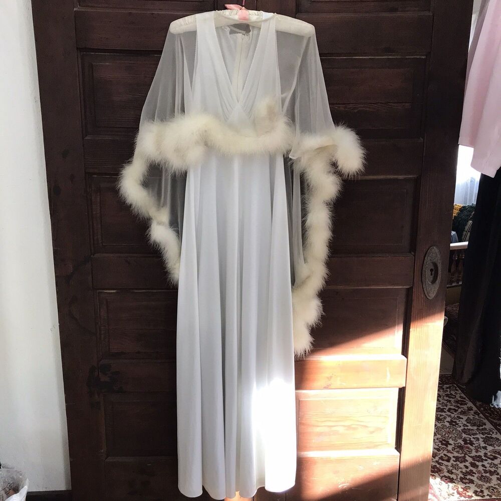 Vintage 1970's White Maxi Nightgown With Feather Cape Robe Bridal Old Hollywood